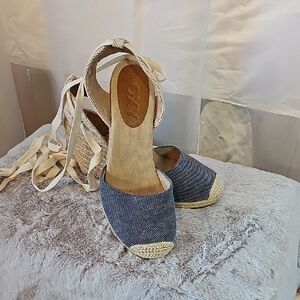 XOXO Blue and Cream Espadrille Wedges